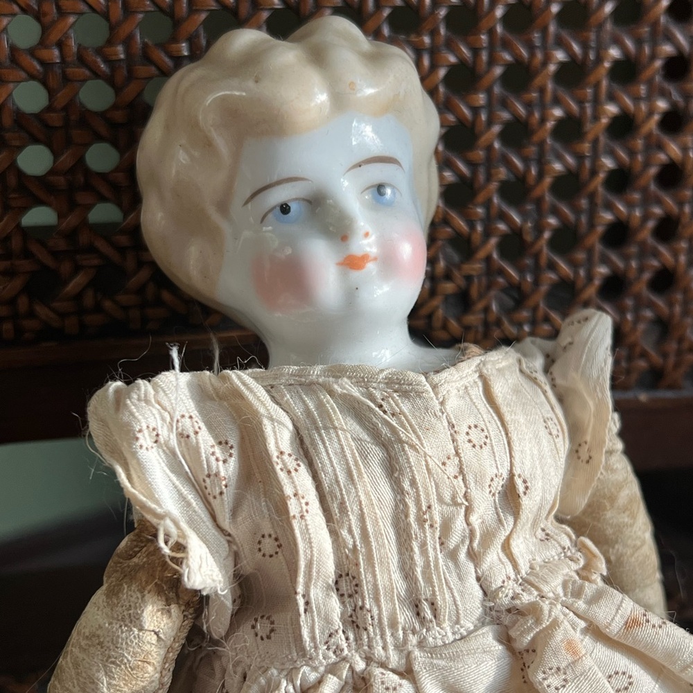 Antique China Head Doll, Porcelain Doll, Blonde with Full Body, For Repair